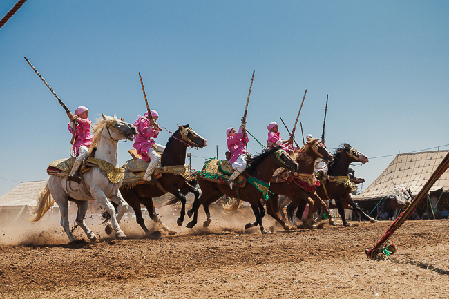 Women riders gallop their Arab-Barb horses in a synchronized line during a Tbourida performance in Morocco.